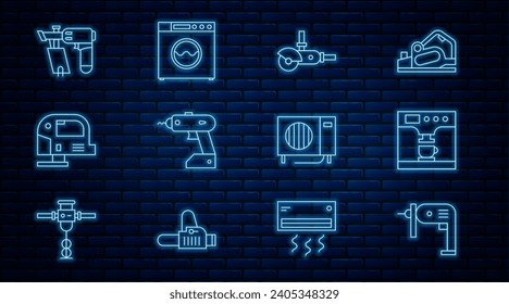 Línea Máquina de perforación eléctrica, Café y taza, molino de ángulos, destornillador inalámbrico, sierra de jigsaw, pistola de clavos, aire acondicionado e icono del lavaparabrisas. Vector