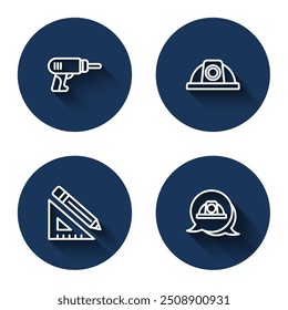 Set line Electric drill machine, Worker safety helmet, Triangular ruler and pencil and  with long shadow. Blue circle button. Vector