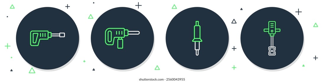 Set line Electric drill machine, Soldering iron, Rotary hammer and Electrical hand concrete mixer icon. Vector