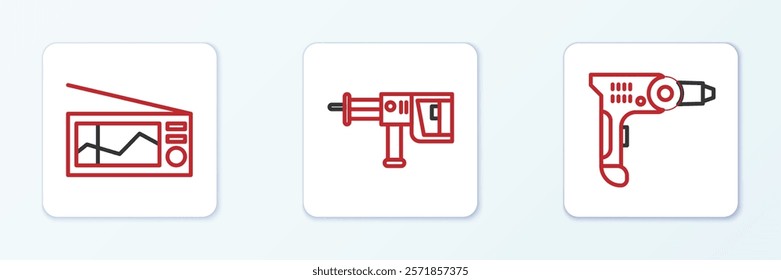 Set line Electric drill machine, Radio and Rotary hammer icon. Vector