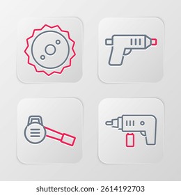 Set line Electric drill machine, Leaf garden blower, cordless screwdriver and Circular saw blade icon. Vector