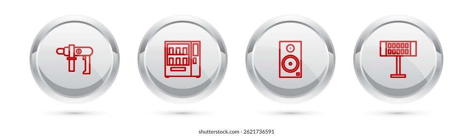 Set line Electric drill machine, Vending, Stereo speaker and heater. Silver circle button. Vector