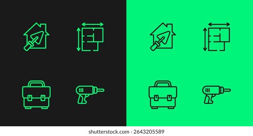 Set line Máquina de taladro eléctrico, caja de herramientas, casa con paleta e ícono de Plan. Vector