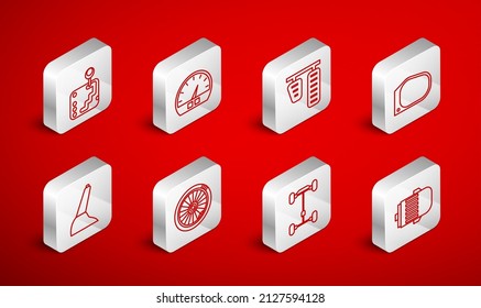 Fijar línea Motor eléctrico, velocímetro, pedales de freno y de gas de automóvil, espejo, carro del chasis, selector de marcha, rueda y icono del freno de mano. Vector