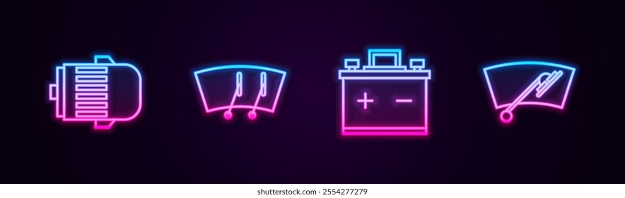 Set line Electric engine, Windscreen wiper, Car battery and . Glowing neon icon. Vector