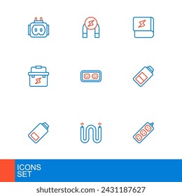 Set line Electric extension, cable, Battery charge, Toolbox electrician, Electrical outlet, Book about electricity and Magnet icon. Vector