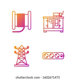 Set line Electric extension cord, High voltage power pole line, Wire electric cable on a reel or drum and Diesel power generator. Gradient color icons. Vector