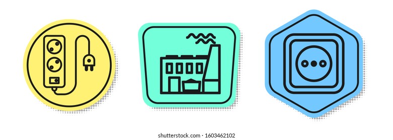 Set line Electric extension cord, Coal power plant and factory and Electrical outlet. Colored shapes. Vector
