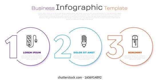 Set line Electric extension cord, LED light bulb and Battery. Business infographic template. Vector