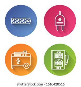 Set line Electric extension cord, Electric plug, Portable power electric generator and Electrical panel. Color circle button. Vector