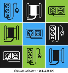 Set line Electric extension cord, Electrical outlet and Wire electric cable on a reel or drum icon. Vector