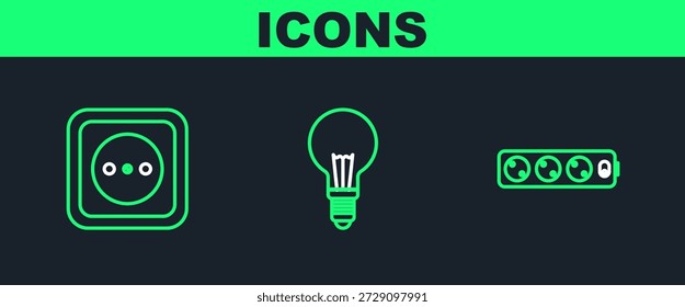 Set line Electric extension cord, Electrical outlet and Light bulb with concept of idea icon. Vector