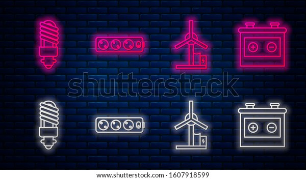 Set line\
Electric extension cord, Wind turbine, LED light bulb and Car\
battery. Glowing neon icon on brick wall.\
Vector