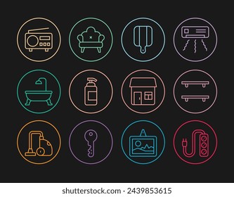 Extensión eléctrica, estantes de madera vacíos, tabla de cortar, jabón antibacteriano, bañera, radio, casa y sofá icono. Vector