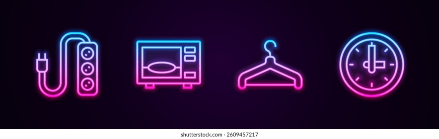 Set line Electric extension, Microwave oven, Hanger wardrobe and Clock. Glowing neon icon. Vector