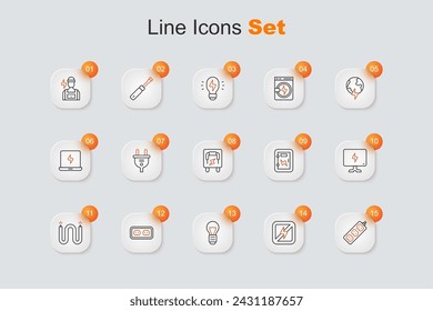 Set line Electric extension, No lightning, Creative lamp idea, Electrical outlet, cable, Smart Tv, panel and  icon. Vector