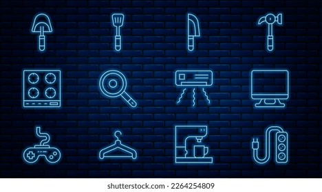 Set line Electric extension, Smart Tv, Knife, Frying pan, Gas stove, Spatula, Air conditioner and  icon. Vector