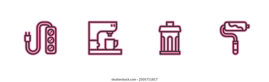 Set line Electric extension, Trash can, Coffee machine and Paint roller brush icon. Vector