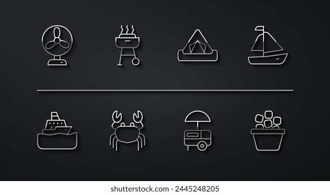 Set line Electric fan, Cruise ship, Yacht sailboat, Fast street food cart, Crab, Barbecue grill, Ice bucket and Tourist tent icon. Vector svg
