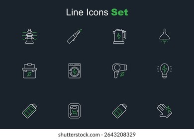 Set line Electric glove, Battery charge, Electrical panel, Creative lamp light idea, Hair dryer, Washer and Toolbox electrician icon. Vector
