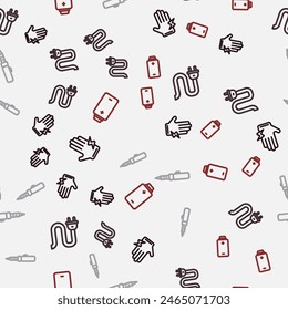 Set line Electric glove, plug, Soldering iron and Battery charge on seamless pattern. Vector