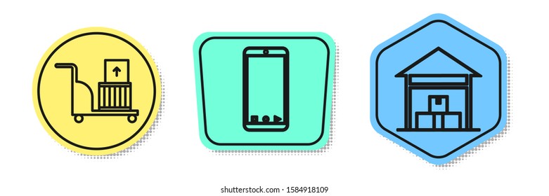 Set line Electric hand truck and boxes , Mobile phone with app delivery tracking and Warehouse . Colored shapes. Vector