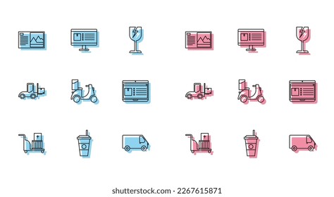 Set line Electric hand truck and boxes, Coffee cup, Postcard, Delivery cargo vehicle, Scooter delivery, Laptop with app tracking, Forklift and Computer monitor icon. Vector