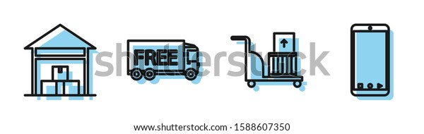 Set line Electric hand truck and boxes , Warehouse\
, Free delivery service  and Mobile phone with app delivery\
tracking icon. Vector