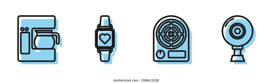Set line Electric heater , Coffee machine with glass pot , Smart watch showing heart beat rate  and Web camera  icon. Vector