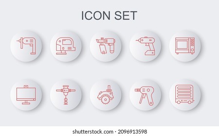 Línea Calefacción eléctrica, monitor de computadora, pistola de clavos, pegamento caliente, taladro, sierra de jigsota, martillo de construcción e icono circular. Vector