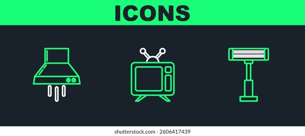 Set line Electric heater, Kitchen extractor fan and Television icon. Vector