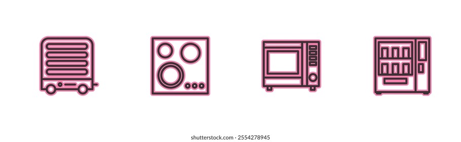 Set line Electric heater, Microwave oven, Gas stove and Vending machine icon. Vector