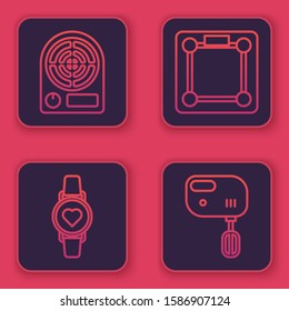 Set line Electric heater , Smart watch showing heart beat rate , Bathroom scales  and Electric mixer . Blue square button. Vector