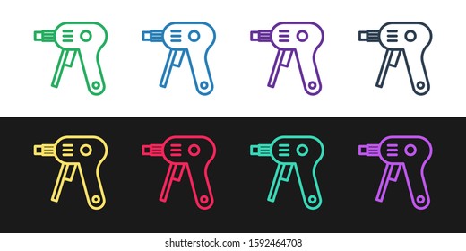 Set line Electric hot glue gun icon isolated on black and white background. Hot pistol glue. Hot repair work appliance silicone.  Vector Illustration
