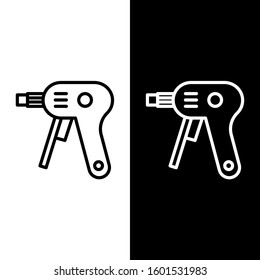 Set line Electric hot glue gun icon isolated on black and white background. Hot pistol glue. Hot repair work appliance silicone.  Vector Illustration