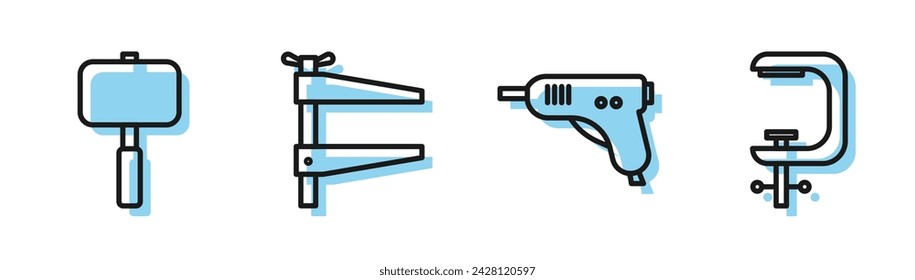 Set line Electric hot glue gun, Sledgehammer, Clamp tool and Clamp and screw tool icon. Vector
