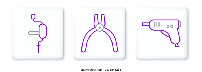 Pistola eléctrica del pegamento caliente, taladro de mano y icono de la herramienta de los alicates. Vector