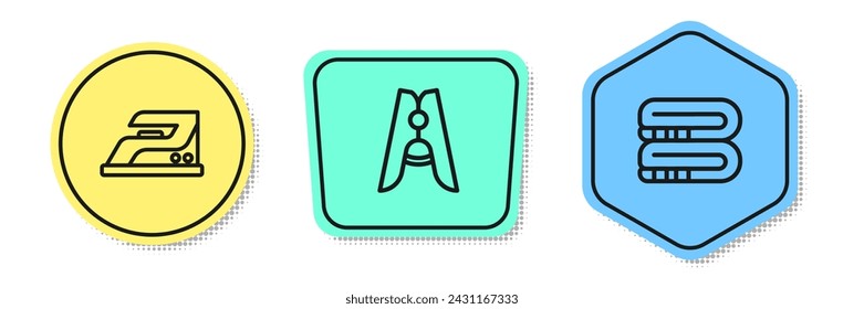 Set line Electric iron, Clothes pin and Towel stack. Colored shapes. Vector