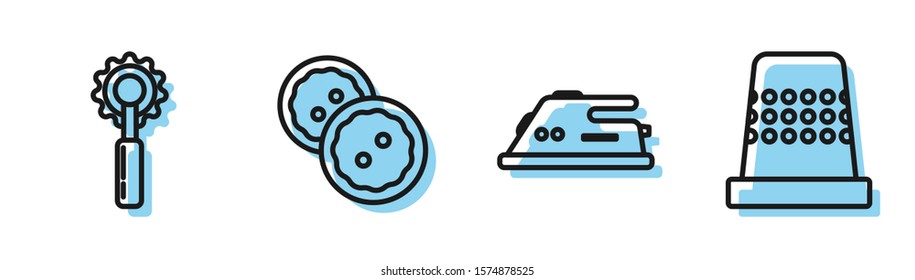 Set line Electric iron, Cutter tool, Sewing button for clothes and Thimble for sewing icon. Vector