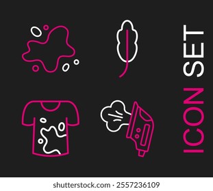 Set line Electric iron, Dirty t-shirt, Feather and Water spill icon. Vector