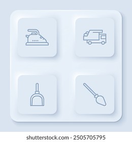 Set line Electric iron, Garbage truck, Dustpan and Handle broom. White square button. Vector