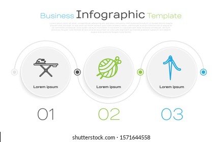 Set line Electric iron and ironing board, Yarn ball with knitting needles and Needle for sewing with thread. Business infographic template. Vector
