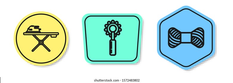Set line Electric iron and ironing board, Cutter tool and Sewing thread on spool. Colored shapes. Vector