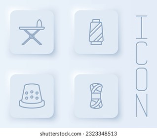 Set line Electric iron and ironing board, Sewing thread spool, Thimble for sewing and Yarn. White square button. Vector
