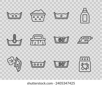 Set line Electric iron, Laundry detergent, Temperature wash, Brush for cleaning,  and  icon. Vector