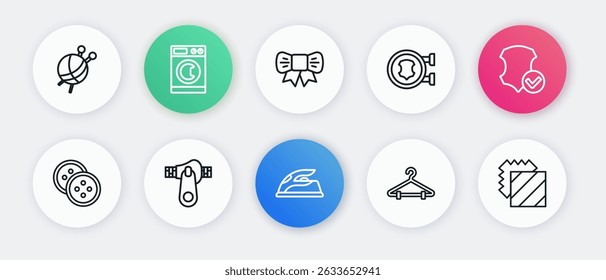 Set line Electric iron, Leather, Sewing button for clothes, Hanger wardrobe, Gift bow, Layers clothing textile and Zipper icon. Vector