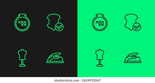 Set line Electric iron, Mannequin, Round adjustable embroidery hoop and Leather icon. Vector