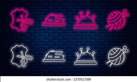 Set line Electric iron, Needle bed and needles, Scissors and leather and Yarn ball with knitting needles. Glowing neon icon on brick wall. Vector