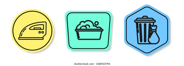 Set line Electric iron , Plastic basin with soap suds  and Trash can and garbage bag . Colored shapes. Vector