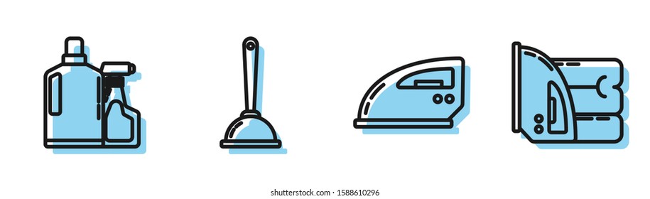 Set line Electric iron , Plastic bottles for liquid dishwashing liquid, Toilet plunger and Electric iron and towel  icon. Vector